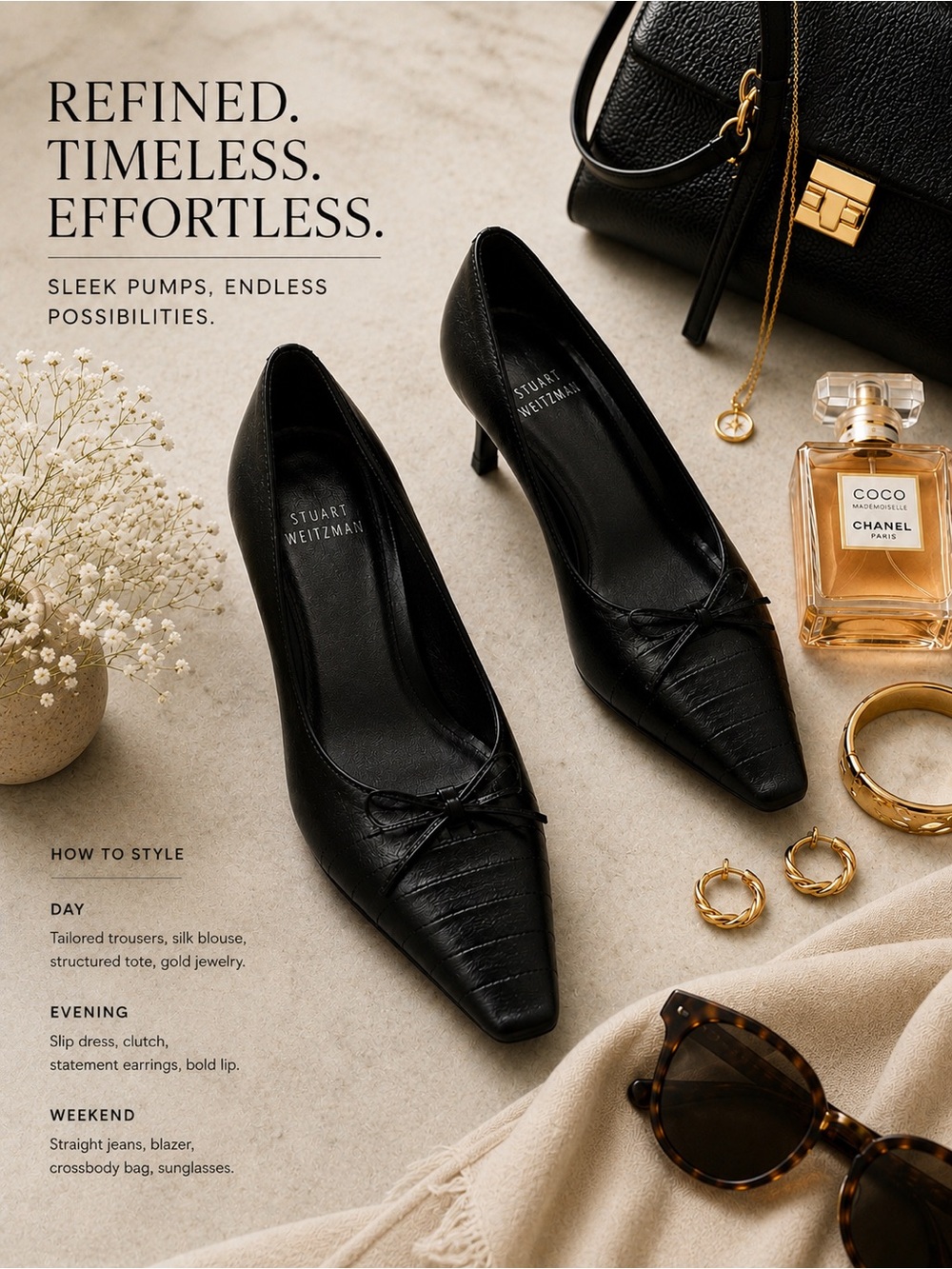 Stuart Weitzman Black Pointed-Toe Bow Leather Pumps